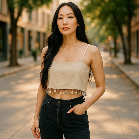 Jason Wu Crop Top Womens 8 Beige Mother of Pearl Shell Beaded Trim Summer NWT - Picture 1 of 13